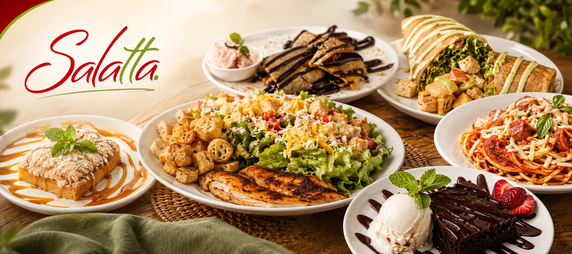 Banner do Salatta com pratos da casa: salada com frango grelhado, crepe de salada, espaguete, crepes doces, brownie com sorvete e sobremesa com calda