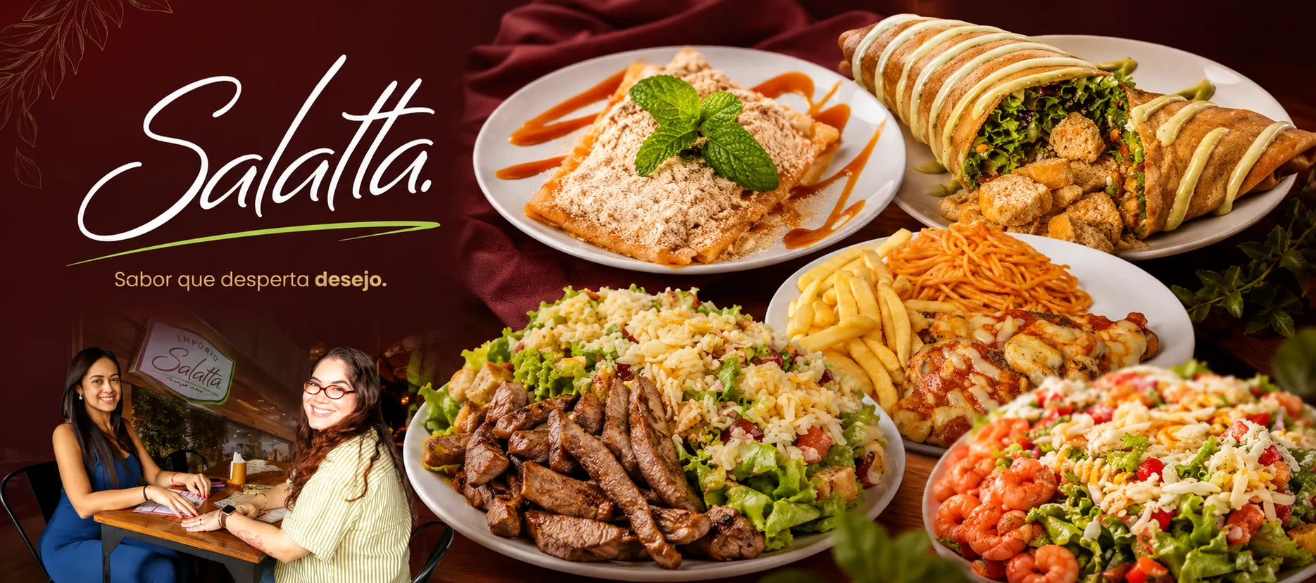 Banner do Salatta com o slogan Sabores que surpreendem, momentos que ficam, e pratos da casa: salada com tiras de carne, crepe de salada, parmegiana e sobremesa