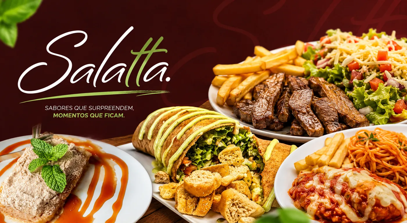 Banner do Salatta com clientes sorrindo à mesa do restaurante e pratos da casa, do crepe de salada à parmegiana
