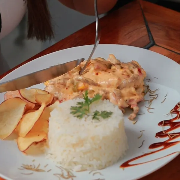 Prato com carne ao molho cremoso, arroz e chips no Salatta